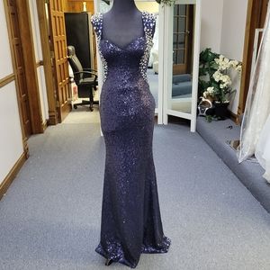 PRECIOUS FORMALS 4 NAVY SEQUIN LONG PROM DRESS PAGEANT GOWN L38023